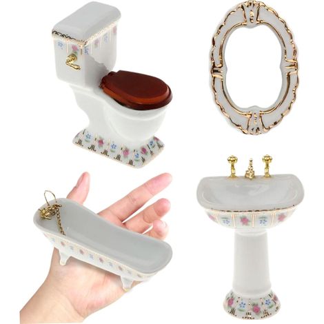 Ensemble de meubles pour maison de poupée (4 pièces), salle de bain en porcelaine à l'échelle 1/12 comprenant toilettes, baignoire, lavabo et miroir, accessoires de bricolage pour meubles miniatures r (1/5)