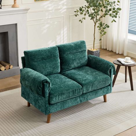 Sofá 2 plazas con patas efecto madera, cojines, en felpa verde esmeralda (1/5)