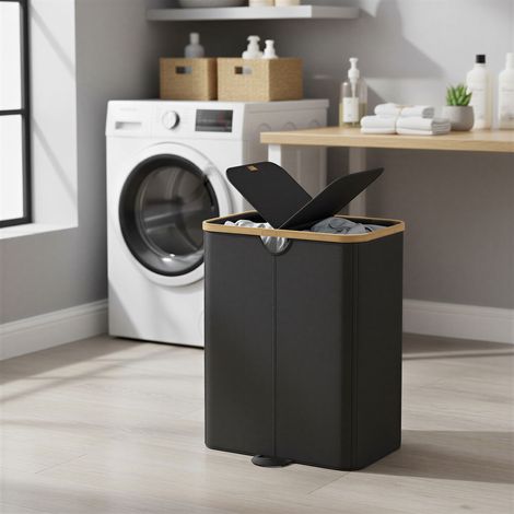 Panier à linge avec 2 compartiments, sacs à linge amovibles, panier à linge avec couvercle, pour chambre à coucher et buanderie, noir et beige (1/5)