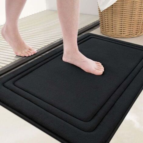 Tapis Bain Mousse Mémoire Forme 24x16 Antidérapant Absorbant Lavable Machine Salle de Bain Douche Noir (1/4)