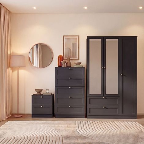 Altino 3 Piece Bedroom Set with 2 Drawer Bedside, 5 Drawer Chest, 3 Door 2 Drawer Wardrobe, Black (1/4)