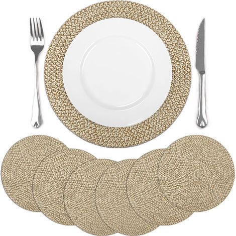 Lot de 6 sets de table ronds tressés marron et blanc, antidérapants, résistants à la chaleur, 38 x 38 cm. (1/5)