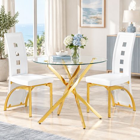 Runder Esstisch aus gehärtetem Glas, 88 cm, mit 2 weißen PU-Stühlen OKWISH (1/5)