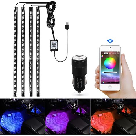 Éclairage intérieur de voiture - 4 x 18 LED - Éclairage de plancher de voiture avec application - Éclairage d'ambiance multicolore - Avec port USB et télécommande (1/5)