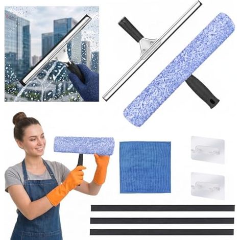 Lot de 2 Raclettes à Vitres avec Manche, Raclette de Fenêtre 35 cm + Nettoyeur Microfibre 37 cm, 3 Lames de Rechange, Chiffon de Nettoyage et 2 Crochets, pour Vitres, Miroirs, Parois de Douche (1/5)