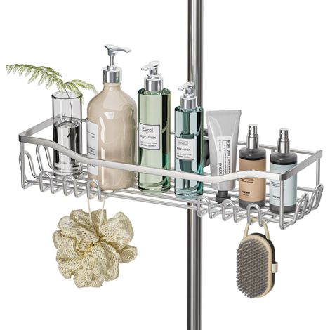 de Douche Sans Perçage Étagère Inox, Grande Taille et Capacité, pour Barre de Douche de 18 mm à 25 mm, Argenté, pour Shampoings et Gels Douche (1/5)