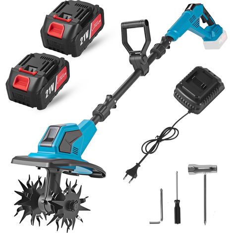 Défonceuse électrique sans fil, 360 tr/min, 21 V, avec 2 batteries de 4,0 Ah, profondeur de travail de 17 cm et largeur de travail de 23 cm, poignée réglable pour pelouse, jardin et travail du sol (1/5)