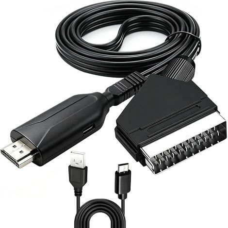 Convertisseur Péritel vers HDMI 1080P, Adaptateur Peritel Scart vers HDMI avec 1080P/720P pour TV HD, PS3, Xbox, VHS, DVD, Sky, Blu-ray, Avec Câble Intégré, Plug & Play CA 100-240V 50/60HZ, CC 5V/1A (1/5)
