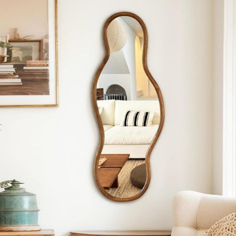Miroir mural asymétrique avec cadre en bois, 105 x 40 cm, style bohème, pour salon, chambre, couloir et salle de bain (1/5)