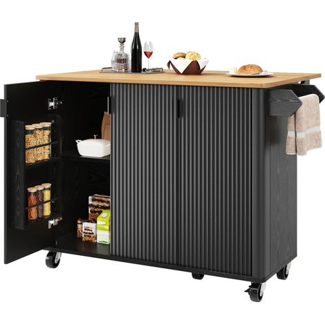 Îlot de cuisine / desserte effet bois 130x45(75)x92 cm,chariot extensible sur roulettes avec porte-serviettes,étagère à épices,cloisons réglables,3 portes,blanc/noir