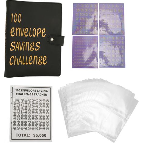 Beyamis Classeur d'épargne A5 en cuir PU imperméable avec 100 enveloppes pour billets, pour enfants et adultes, noir (1/5)