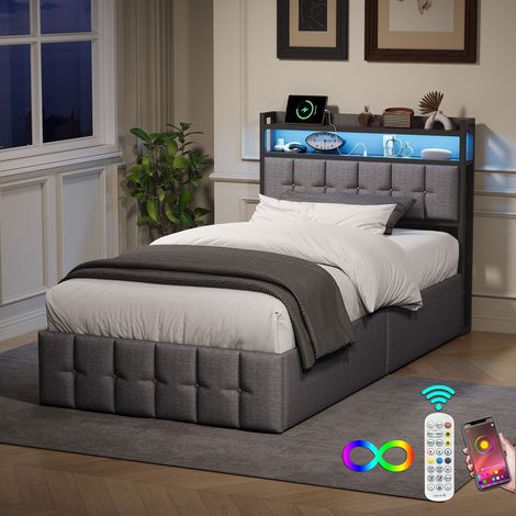 Lit coffre 90x200 cm adulte avec tête de lit de rangement, éclairage LED, USB, système de levage hydraulique, tissu en lin, sommier à lattes - Gris (1/5)