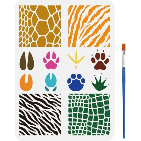 Pochoir Motif Empreintes de Pattes d'Animaux 21x29.7cm avec un Pinceau Modèles Girafes Tigres Zèbres Crocodiles Pochoir Textures Animales Réutilisable pour Mur Bois Tissu (1/5)