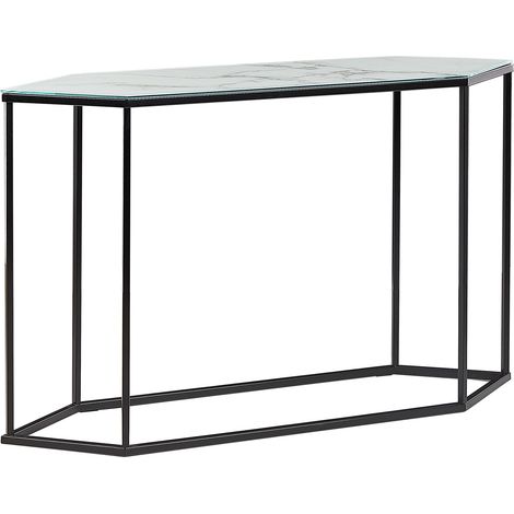 Consola de vidrio templado blanco negro 120 x 35 cm efecto mármol patas de metal negro glamour moderno sala de estar dormitorio Perrin