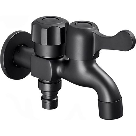 Rubinetto a doppia uscita, rubinetto per lavatrice in ottone, rubinetto da giardino esterno nero, rubinetto per lavabo a doppia uscita, nero
