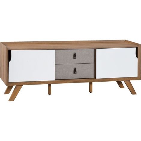 Sideboard Light Brown Veneer 56 x 147 x 42 cm with 2 White Sliding Doors and 2 Grey Drawers ACTON