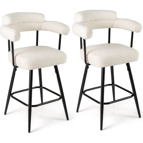 Sedie moderne imbottite in boucle con gambe in metallo e poggiapiedi per isola cucina, Set di 2 sgabelli da bar girevoli Bianco (1/4)