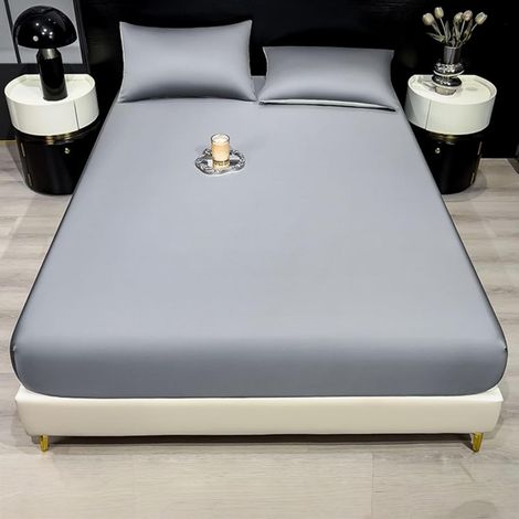 Drap Housse Rafraîchissant pour l'Été 200x220 cm, Gris Drap- Housse Fraîcheur Microfibre, Bonnet 5-28cm, Élastique Ajustable Fitted Sheet, Respirant, Anti-Transpiration (1/5)