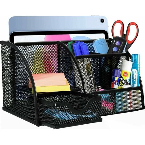 Schreibtisch-Organizer, Schreibtisch-Organizer aus Drahtgeflecht, platzsparender Stifthalter mit ausziehbarer Schublade, 6 Sortierfächer für Notizbücher, Tablets, Handys (schwarz) (1/5)