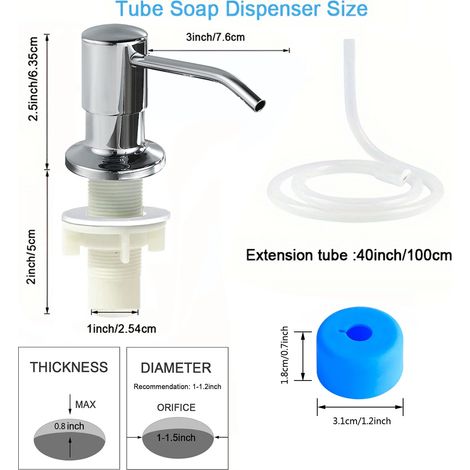 Distributeur de savon liquide pour évier (argent brillant - tuyau) en acier inoxydable, pompe, flacon de 350 ml ou 500 ml, à fixer sous évier. (1/5)