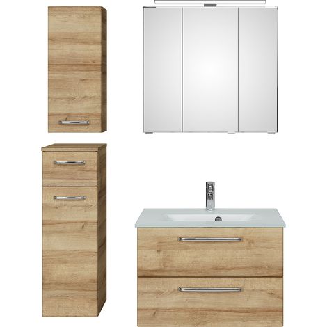 Badmöbel Set inkl. Glaswaschbecken und LED Aufbauleuchte TRENTO-66 in Riviera Eiche Nb., B/H/T: ca. 122/200/50 cm (1/5)