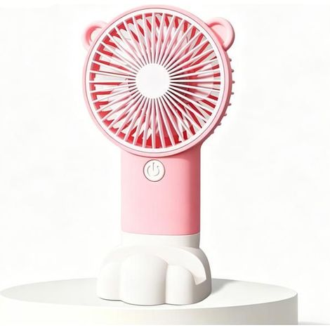 Mini ventilatore portatile ricaricabile tramite USB a tre velocità con supporto, ideale per ufficio e viaggi, con design a gattino rosa.