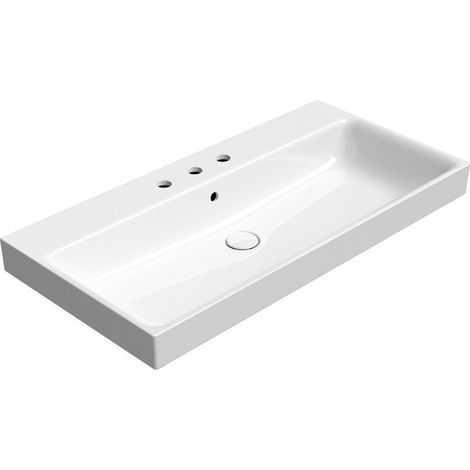 Lavabo en céramique NUBES 100x50cm, bord inférieur rainuré, 3 trous de robinetterie, blanc ExtraGlaze (1/2)