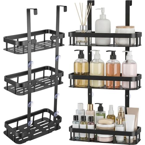 Étagère de douche suspendue à la porte, étagère de douche à 3 niveaux sans perçage pour salle de bain, organisateur de salle de bain en acier au carbone noir avec ventouses, support de rangement antir (1/5)