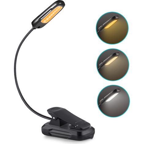 Lampe de lecture à 9 LED avec pince, 3 niveaux de luminosité et 3 modes de couleur, rechargeable par USB-C, jusqu'à 80 heures d'autonomie, pince stable et col de cygne flexible : le cadeau idéal pour