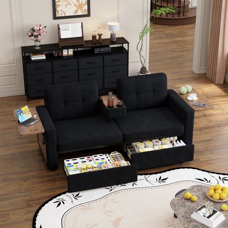 Canapé 2 places en chenille avec rangement intégré, table d’appoint réglable et porte-gobelets - Noir (1/5)