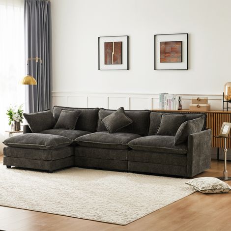 Canapé d'angle moderne en L, canapé en tissu chenille 3 places avec repose-pieds, meuble rembourré gris pour salon et chambre, vidéo disponible