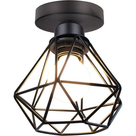 Plafonnier Cage - Diamant 16 cm - Métal Noir - Style Industriel Rétro - Pour Salon Chambre Salle à Manger Bureau Loft - E27 - 1 Pièce (1/5)