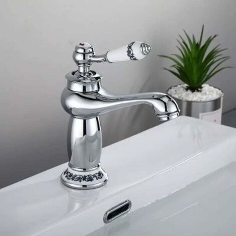 Robinet de lavabo en laiton céramique porcelaine noire et blanche col long rétro floral apporter de l'eau froide et chaude robinet d'eau (chromé)