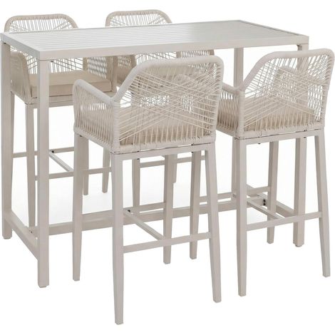 [NUNCA USADO] Conjunto de mesa de bar + 4 taburetes de bar HHG-294, silla de bar, mesa alta, cojín para exteriores, mimbre trenzado, metal, crema (1/5)