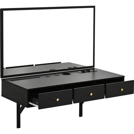 Tavolo da trucco sospeso nero con specchio, 3 cassetti, presa, porta tablet e bicchiere (1/5)