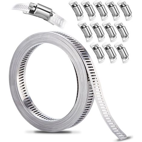 Kit de Colliers de Serrage DIY Inox 304, 3.5m Bande Perforée en Métal + 12 Pièces Fixation, Réglable, pour Tuyaux, Gaz, Eau, Voiture, Machine à Laver, Jardin (1/5)
