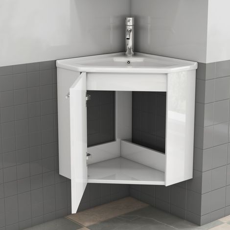 Meuble d'angle 40cm, lavabo céramique brillant pare-éclaboussures, pré-monté, poignées métal, charnières amorties, salle bain design et fonctionnel (1/5)