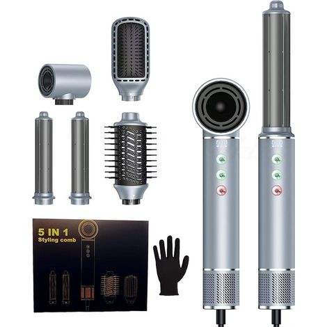 Sèche-cheveux 5 en 1 haute vitesse, gris (norme européenne), avec ions négatifs, pour une utilisation à domicile. (1/5)