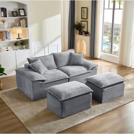 Divano chaise longue grande 2 posti in velluto a coste grigio con pouf, 206 x 158 x 88 cm (1/5)