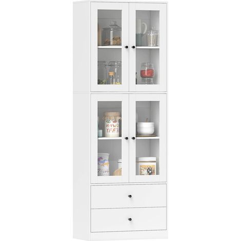 Organisation Anti-Poussière Meuble Vaisselier 59x30x170 cm Portes Vitrées Blanc Brillant pour Cuisine (1/5)