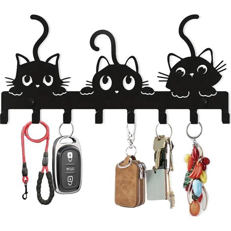 1 Porte-clés Mural, 8 Crochets, Design Chaton, Métal Noir, Pour Entrée, Cuisine, Couloir