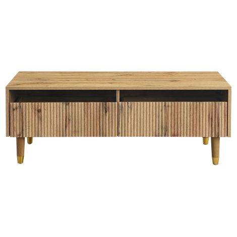 Cette table basse moderne à LED est dotée d'un plateau à tiroirs ondulé, de pieds dorés et blancs, de deux tiroirs et de bandes lumineuses LED à couleurs changeantes. Un meuble TV assorti est égalemen (1/5)