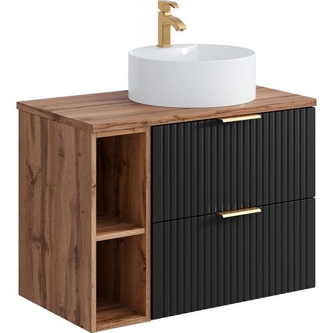 Meuble de salle de bain suspendu strié avec niches et vasque à poser ronde - Noir et naturel clair - L80 cm - ZEVARA