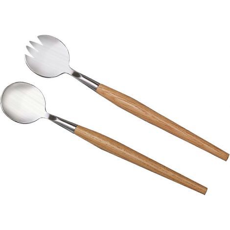 HONORNIC - Cuillère à salade en acier inoxydable, pince à salade avec manche en bois (1/5)