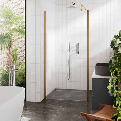 Hudson Reed Outer Framed Brushed Brass Wetroom Screen with Support Bar 800mm W x 1950mm H - 8mm Glass (1/6)