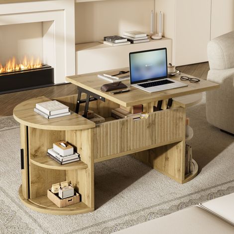 Mesa de centro 100x50x40.5 cm color roble en MDF con tablero elevable y puertas correderas (1/5)