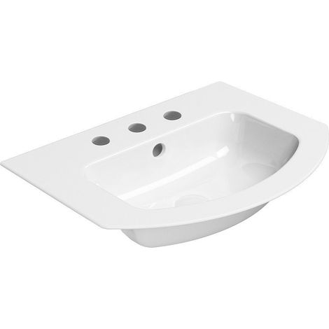 PURA Slim Lavabo en céramique courbé 62x48cm, 3 trous de robinetterie, blanc ExtraGlaze (1/2)