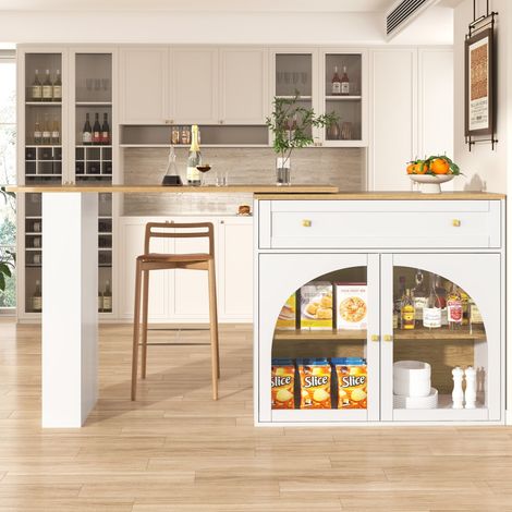 Table haute extensible 138-204cm avec plateau rotatif 360° – Meuble bar moderne avec rangement intégré et étagères – Couleur blanc (1/5)