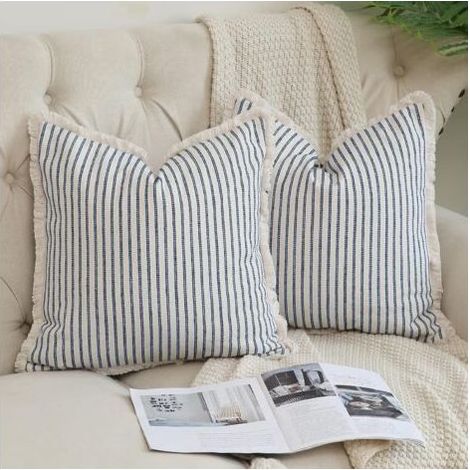 Lot de 2 housses de coussin décoratives carrées à rayures avec franges en coton chic pour canapé, lit, salon, décoration de style ferme, 50 x 50 cm (1/5)