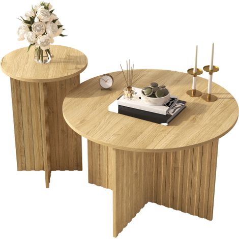 Set aus 2 Couchtischen – runde Tischplatte – Holzoptik – MDF + Spanplatte – Natur